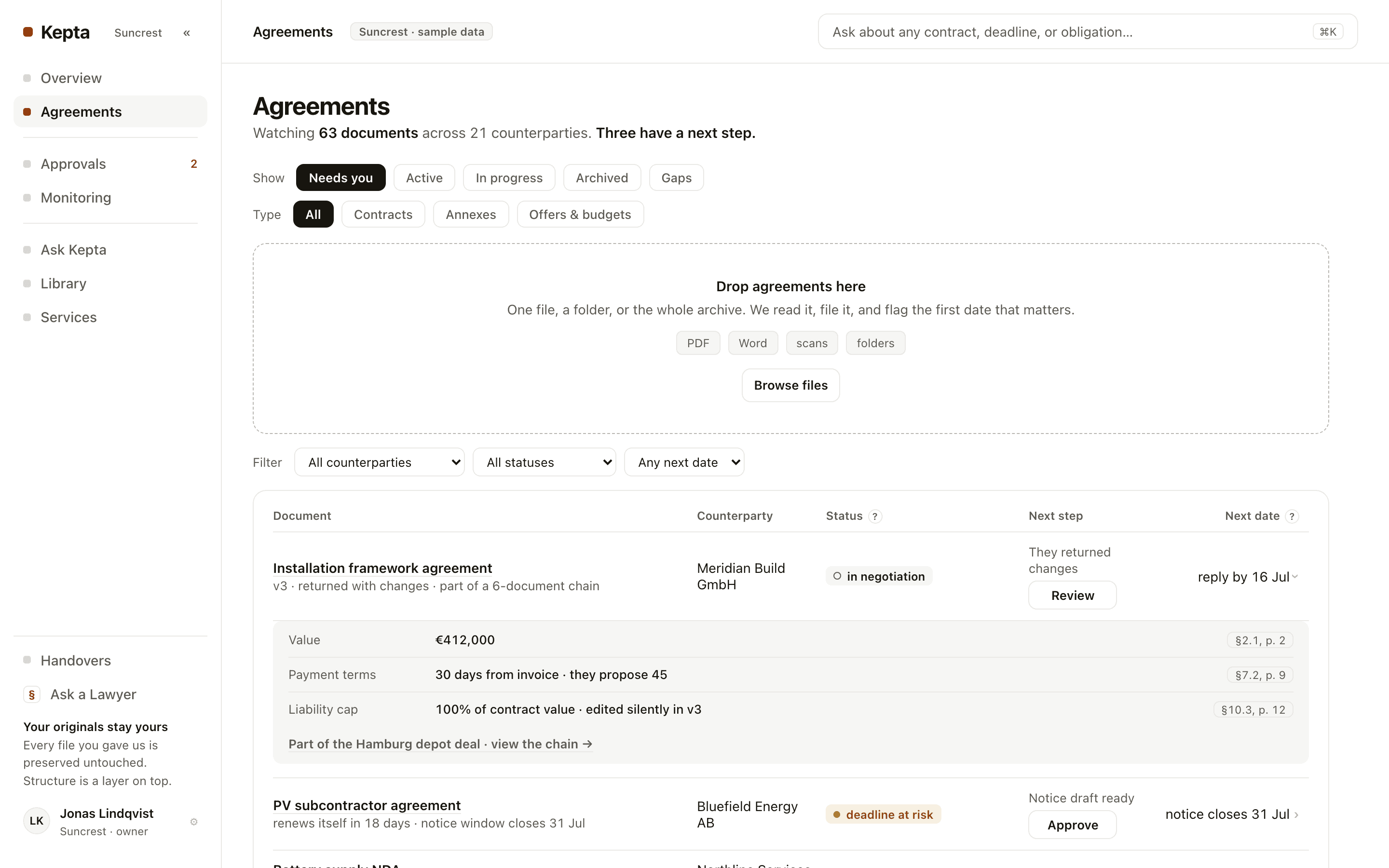 Kepta: offer, contract, annex, invoice linked as one chain
