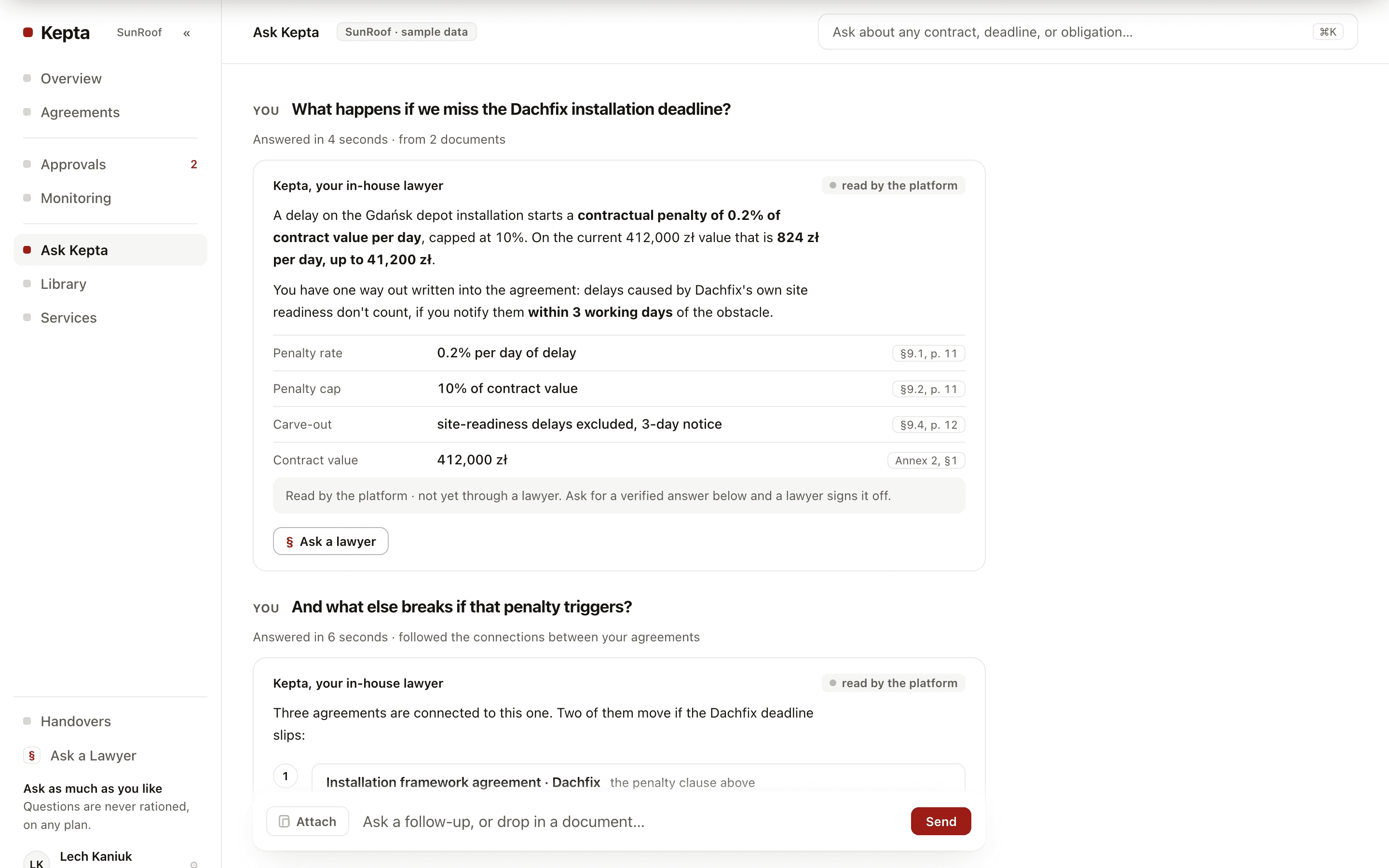 Ask Kepta: a plain-language answer with the clause and page cited