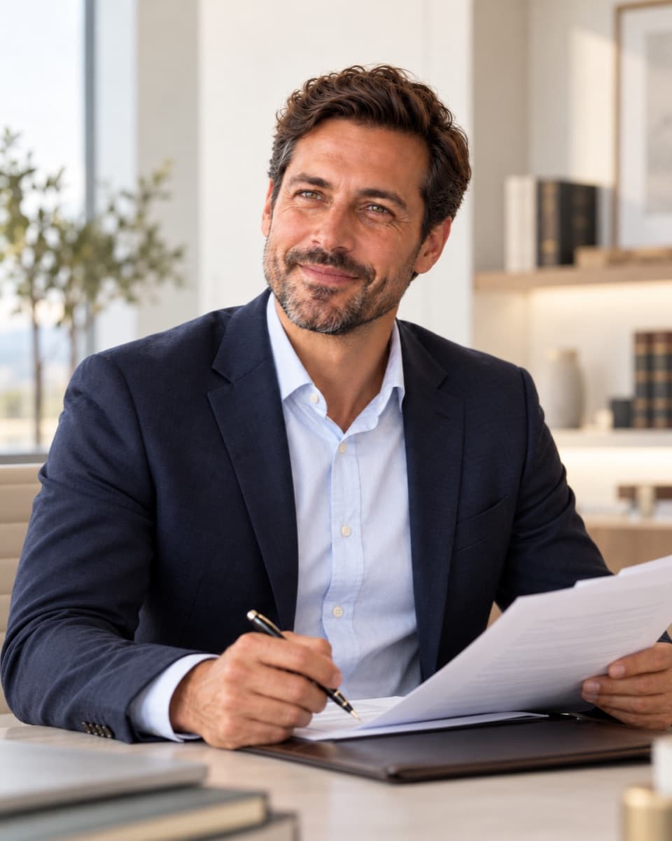 A lawyer reviewing a contract at his desk